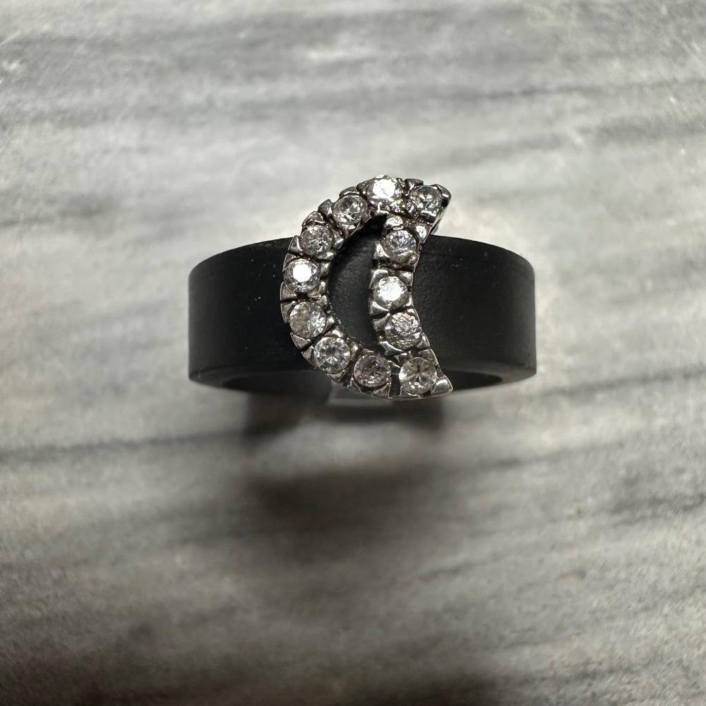 Sterling Silver 925 Black Rubber Band Crescent Moon Pavé Statement Ring Size 8.5